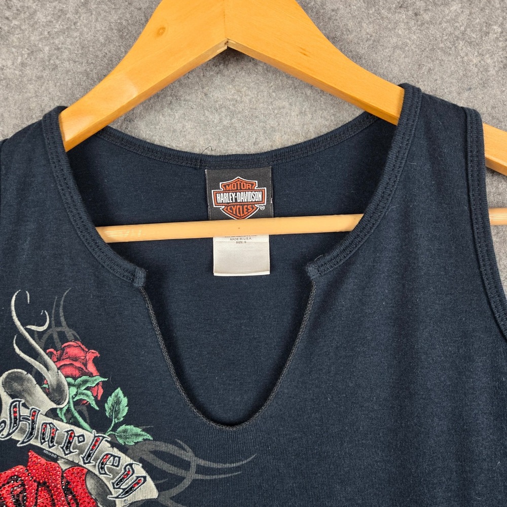 Harley Davidson Tank Top Womens Small Black Rose Rhinestone Graphic Biker Y2K - Picture 3 of 9